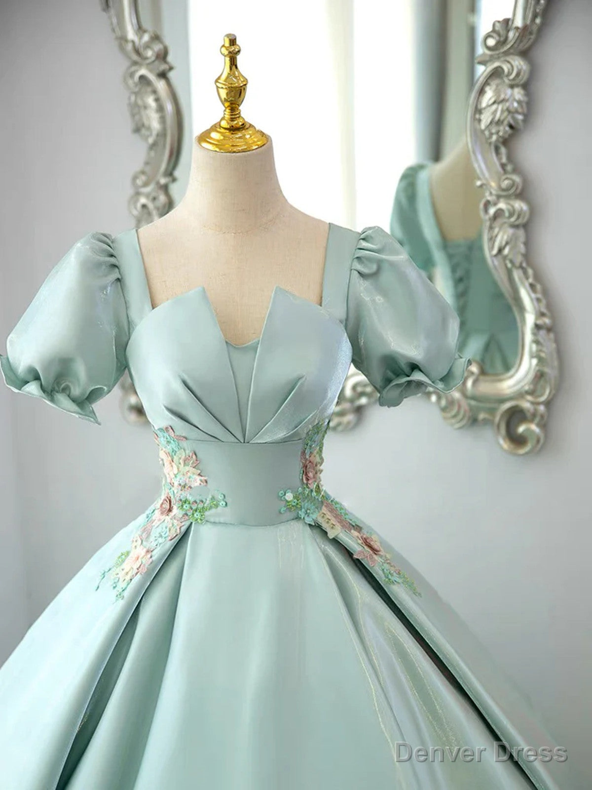 Green Satin Short Sleeves Long Prom Dress, Green Satin Prom Dress