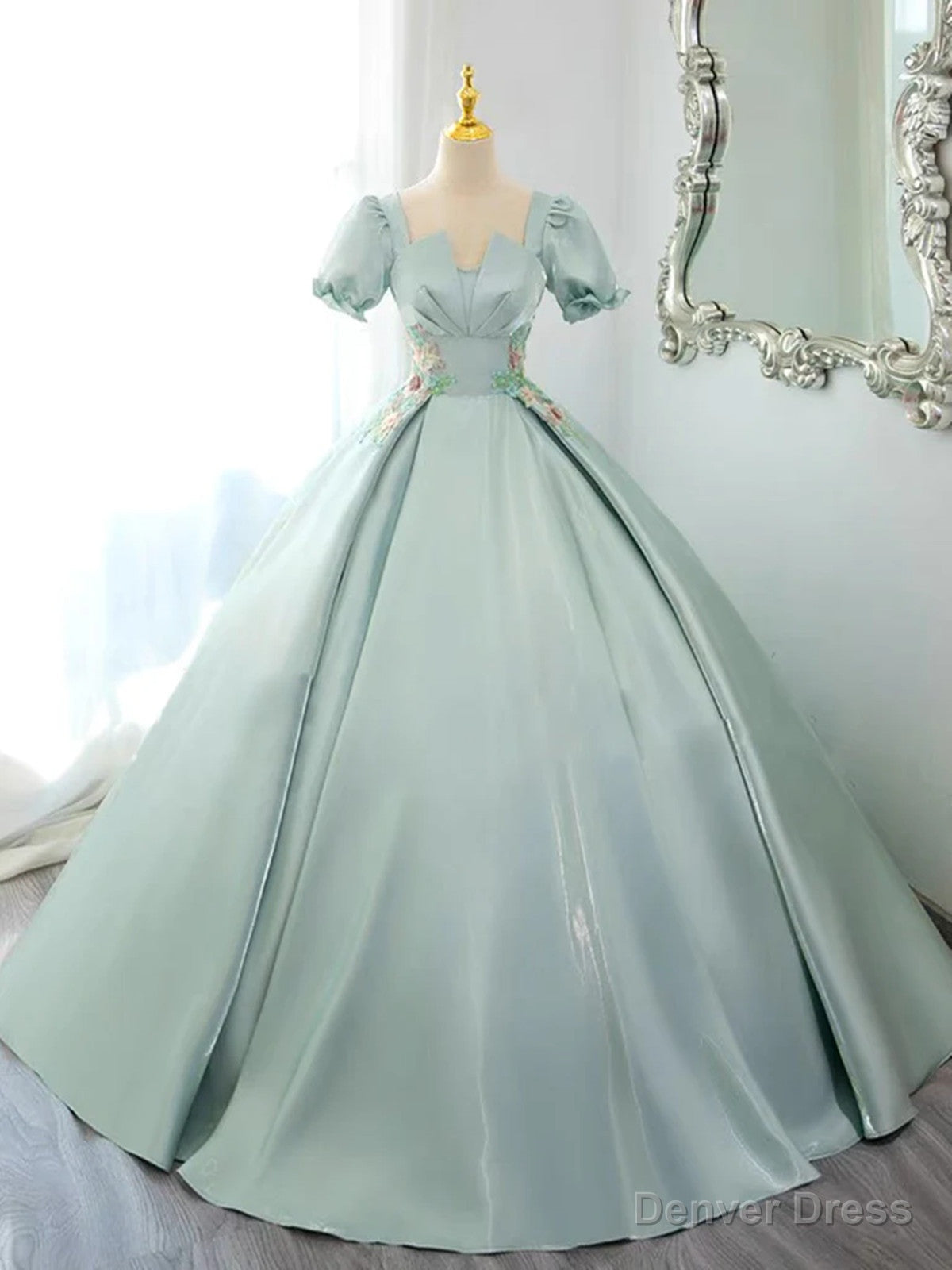Green Satin Short Sleeves Long Prom Dress, Green Satin Prom Dress