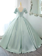 Green Satin Short Sleeves Long Prom Dress, Green Satin Prom Dress