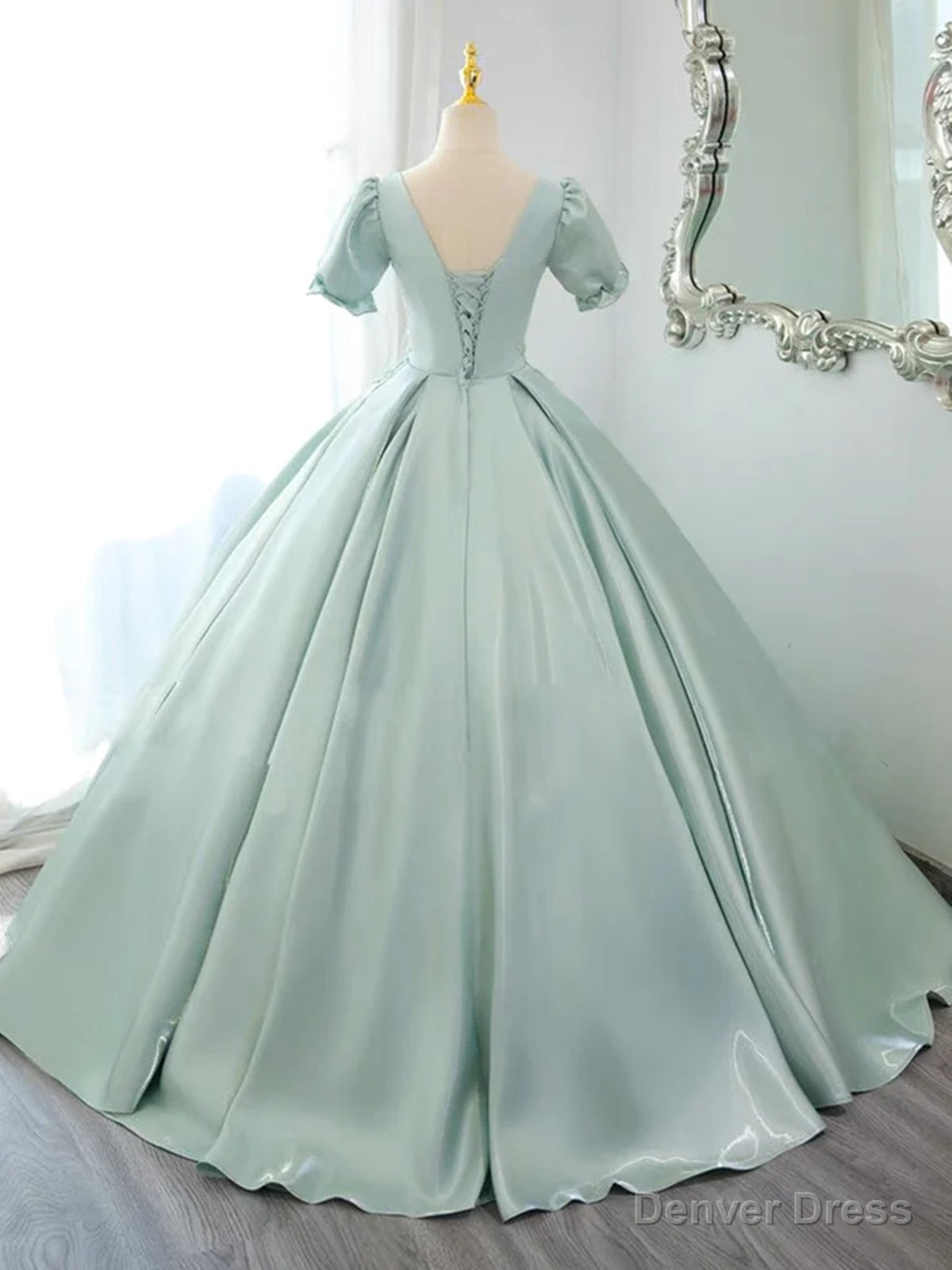 Green Satin Short Sleeves Long Prom Dress, Green Satin Prom Dress