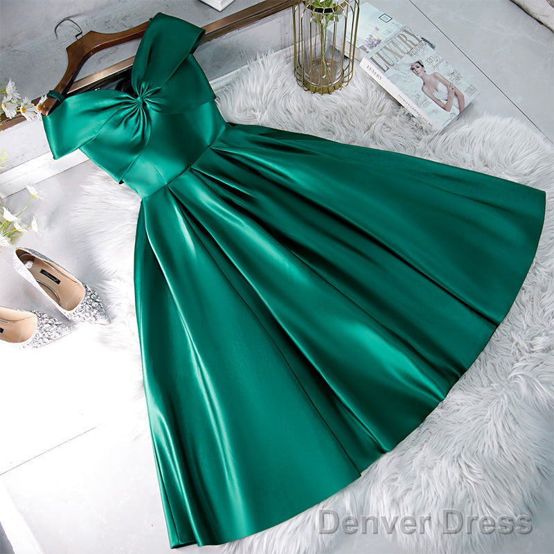 Green Satin Short Sweeetheart Off Shoulder Homecoming Dress, Green Short Prom Dress