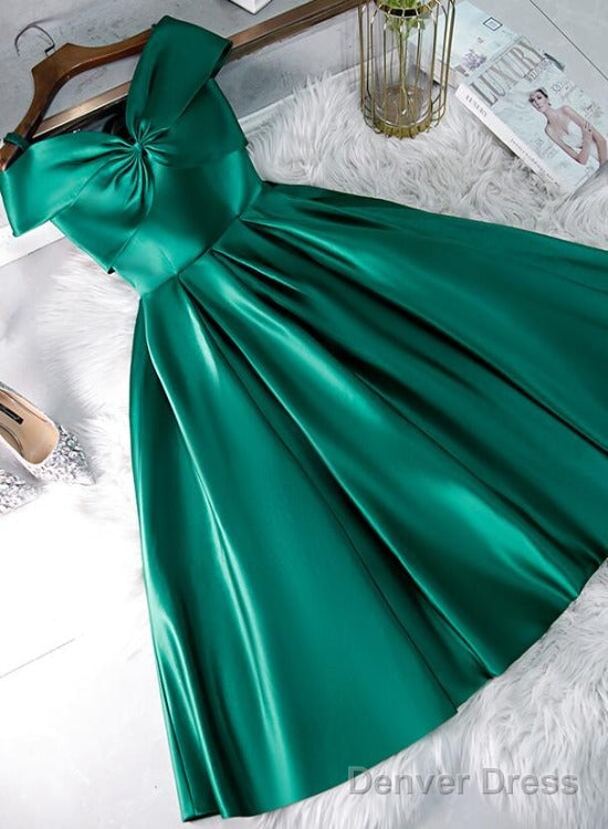 Green Satin Short Sweeetheart Off Shoulder Homecoming Dress, Green Short Prom Dress
