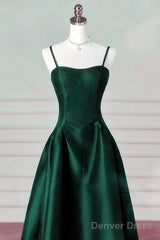 Green Satin Simple A-Line Floor Length Party Dress, Green Satin Straps Prom Dress