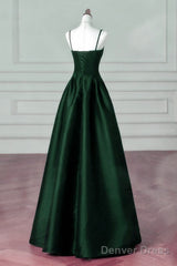 Green Satin Simple A-Line Floor Length Party Dress, Green Satin Straps Prom Dress