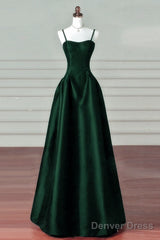 Green Satin Simple A-Line Floor Length Party Dress, Green Satin Straps Prom Dress