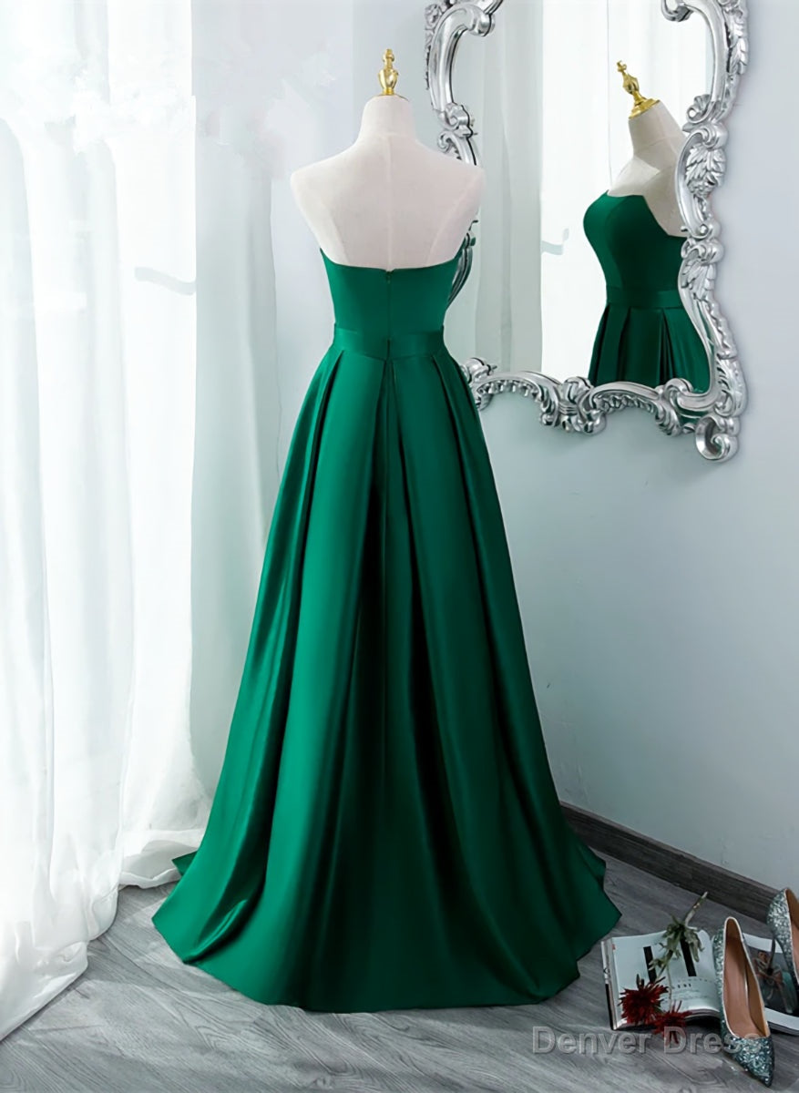 Green Satin Simple Long Party Dress with Leg Slit, Green A-ine Junior Prom Dress Secondary image