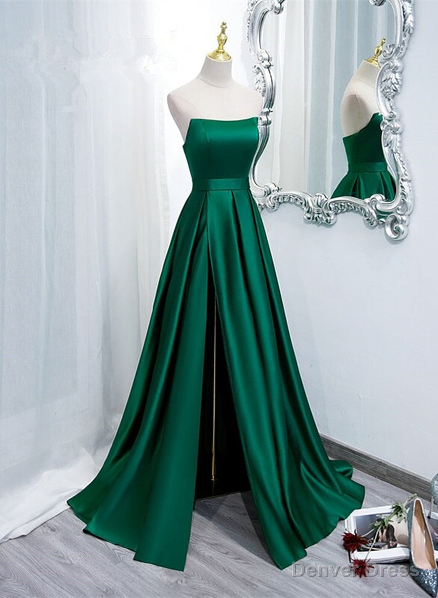 Green Satin Simple Long Party Dress with Leg Slit, Green A-ine Junior Prom Dress Main image