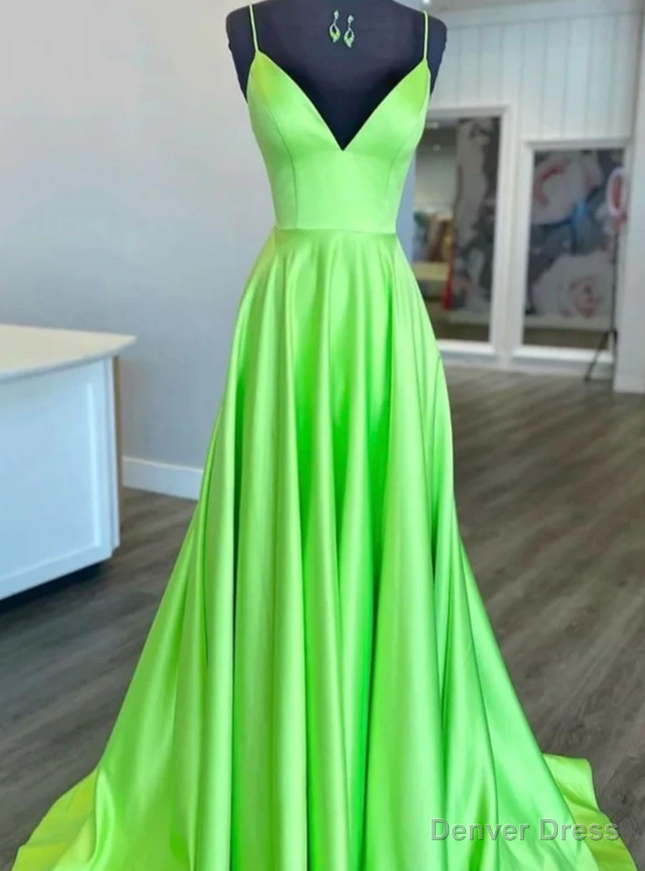 Green Satin Spaghetti Straps Prom Dresses