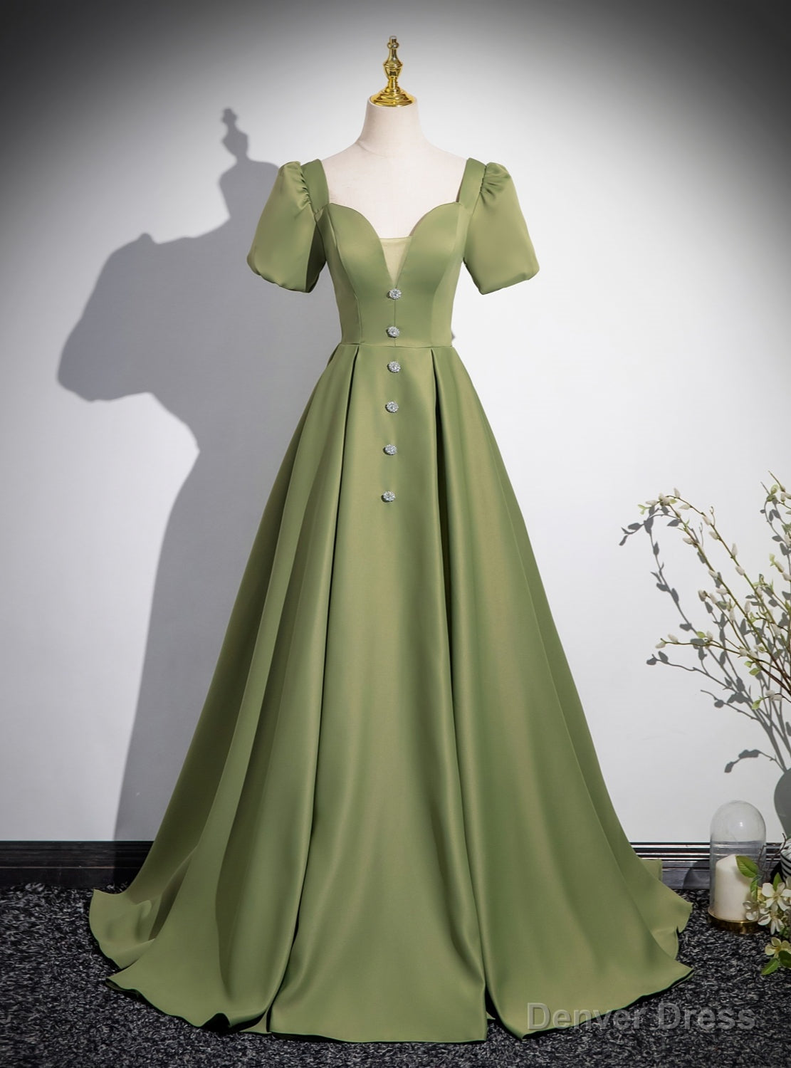 Green Satin Square Neck Short Sleeve Prom Dress Main image