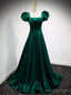 Green Satin Square Puff Sleeve Pleats Prom Dress