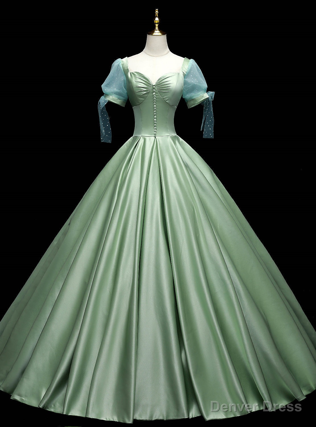 Green Satin Square Short Sleeve Button Quinceanera Dress Main image