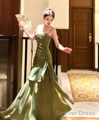 Green Satin Straps Long Layers Evening Dress, Green Satin Long Party Dress Prom Dress