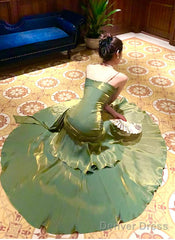 Green Satin Straps Long Layers Evening Dress, Green Satin Long Party Dress Prom Dress