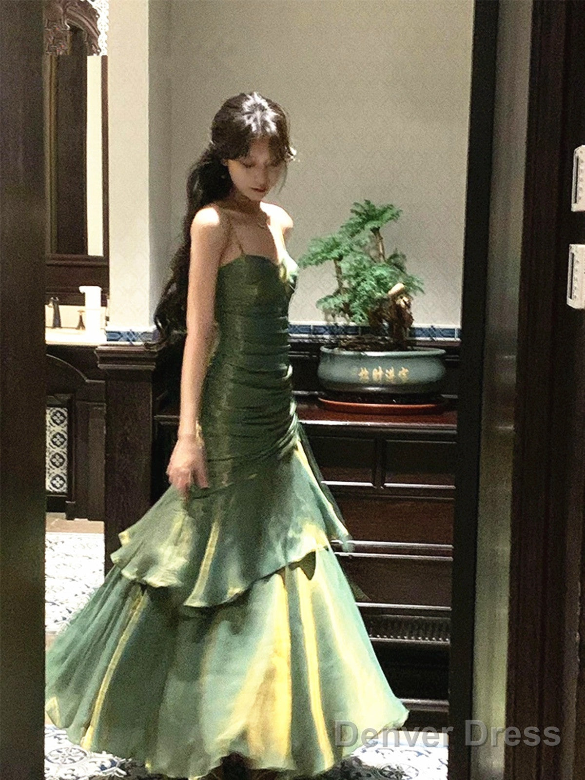 Green Satin Straps Long Layers Evening Dress, Green Satin Long Party Dress Prom Dress Main image