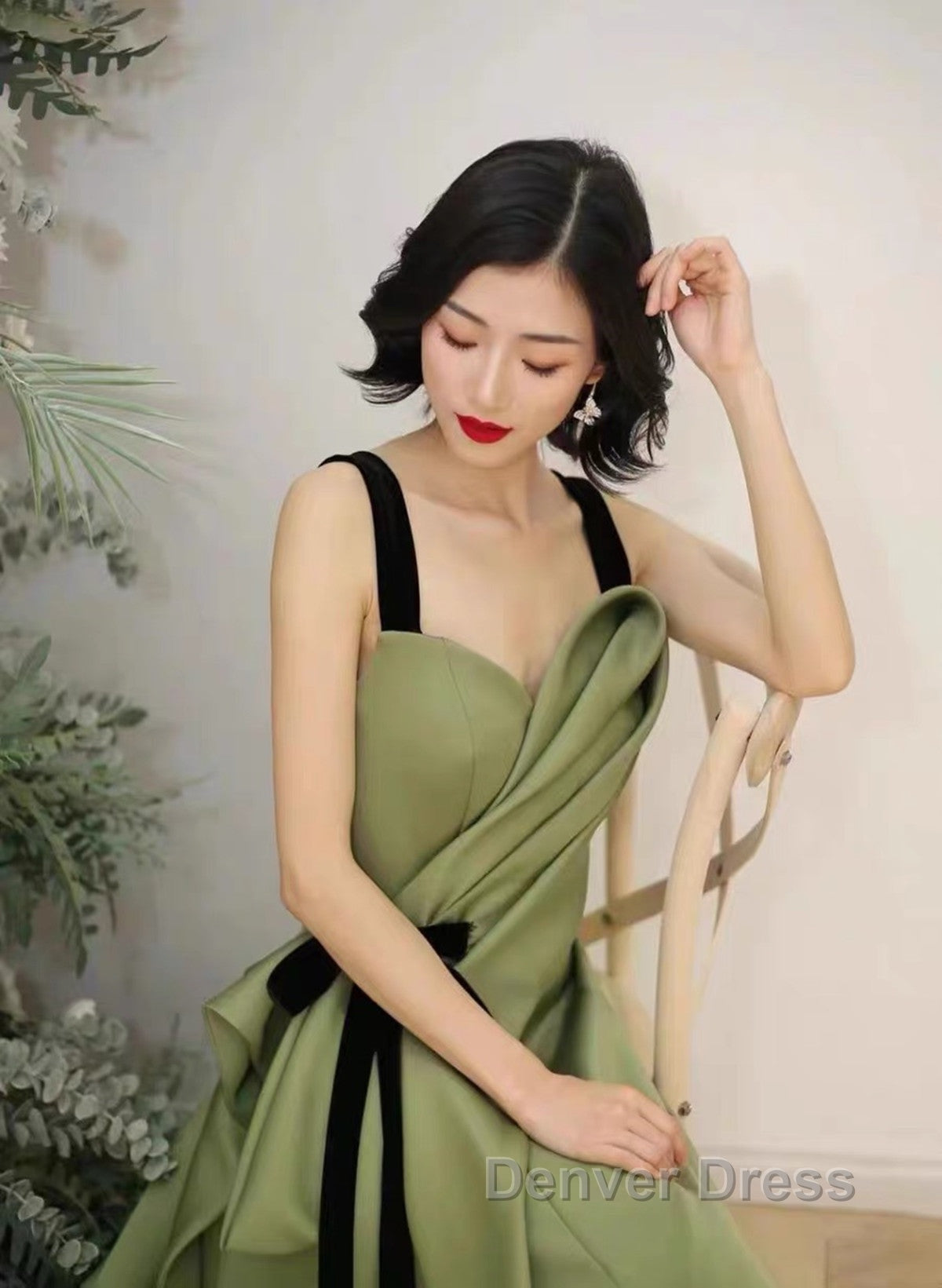 Green Satin Straps Long Party Dresses, Green Satin Formal Dresses Evening Dresses Secondary image