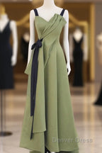 Green Satin Straps Long Prom Dress, Green Satin Prom Dress