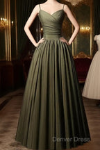 Green Satin Straps Long Wedding Prom Dress, Green Long Prom Dress