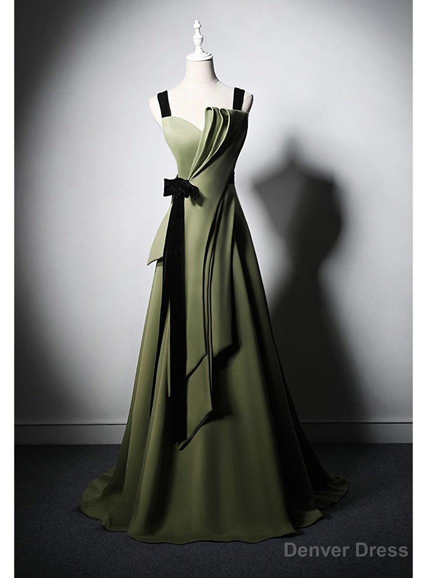 Green Satin Straps Pleats Black Velvet Prom Dresses Main image