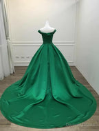 Green Satin Sweetheart Ball Gowns Prom Dress, Green Off Shoulder Prom Dress