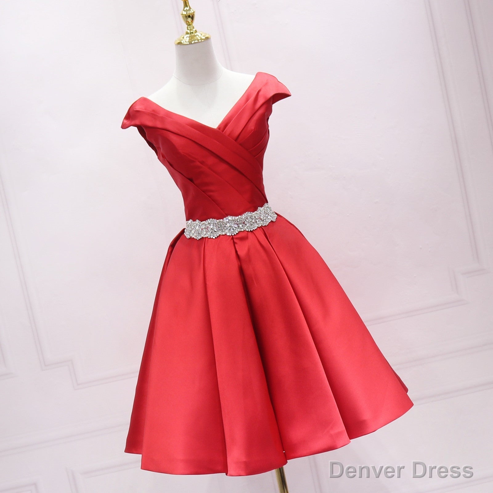 Green Satin Sweetheart Beaded Waist Short Homecoming Dress, Simple Short Prom Dress Main image