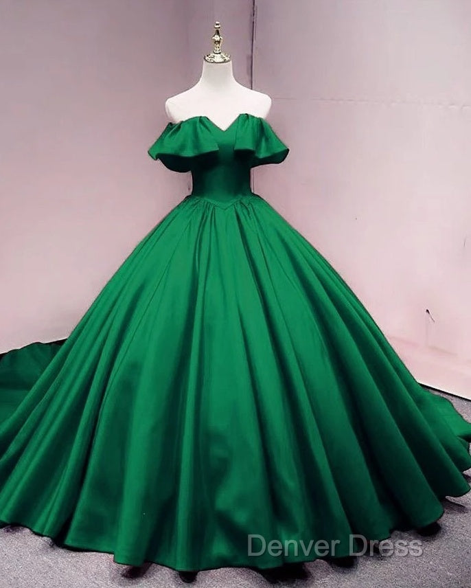 Green Satin Sweetheart Off Shoulder Ball Gown Long Sweet 16 Dresses, Green Quinceanera Dresses