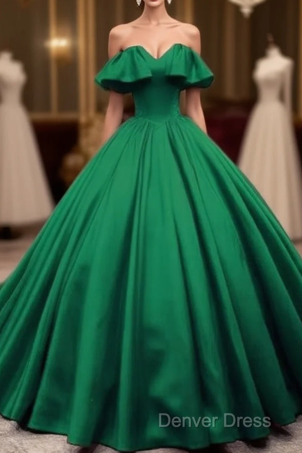 Green Satin Sweetheart Off Shoulder Ball Gown Long Sweet 16 Dresses, Green Quinceanera Dresses Main image