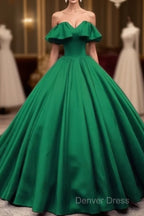 Green Satin Sweetheart Off Shoulder Ball Gown Long Sweet 16 Dresses, Green Quinceanera Dresses