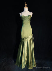Green Satin Sweetheart Straps Long Evening Dress, Long Green Wedding Party Dress