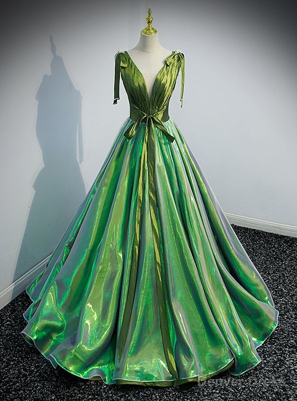 Green Satin V-neck Pleats Prom Dress Main image