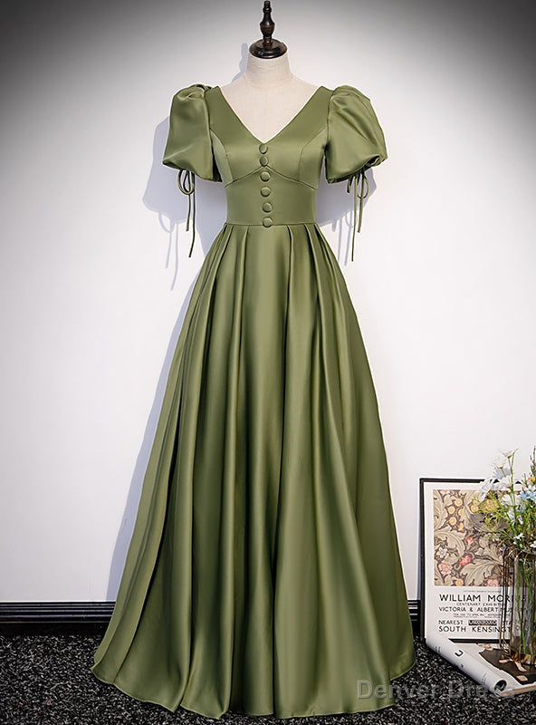 Green Satin V-neck Puff Sleeve Button Prom Dress Main image