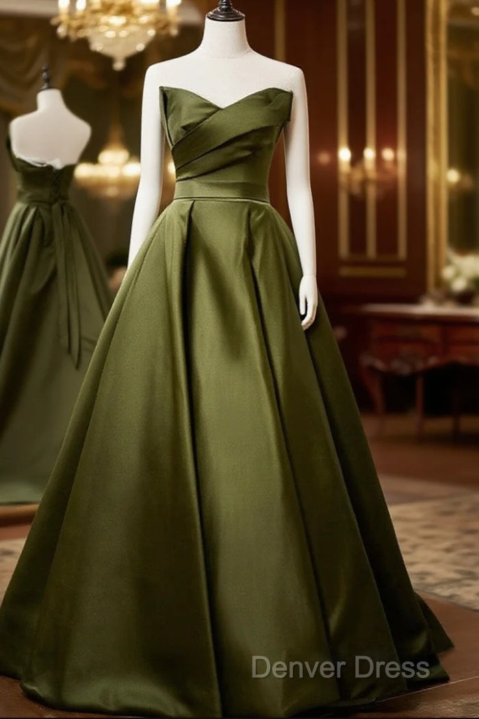 Green Satin V-Neckline Lace-Up Long Wedding Party Dresses, Green Evening Dresses Main image