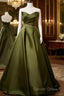 Green Satin V-Neckline Lace-Up Long Wedding Party Dresses, Green Evening Dresses