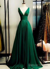 Green Satin V-Neckline Low Back Floor Length Prom Dress Evening Dress, Green Party Dress Formal Dress