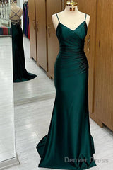 Green Satin V-Neckline Mermaid Straps Evening Gown, Green Satin Prom Dress