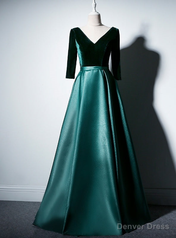 Green Satin Velvet Long Sleeve V-neck prom Dress Main image