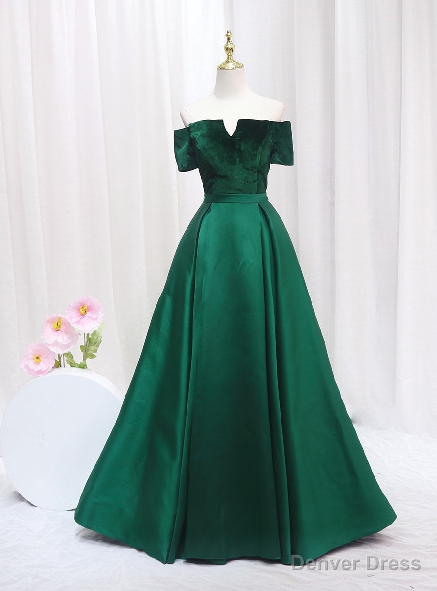 Green Satin Velvet Off the Shoulder Prom Dress Main image