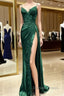 Green Satin With Lace Straps Long Evening Dresses Prom Dresses, Green Satin Party Dres