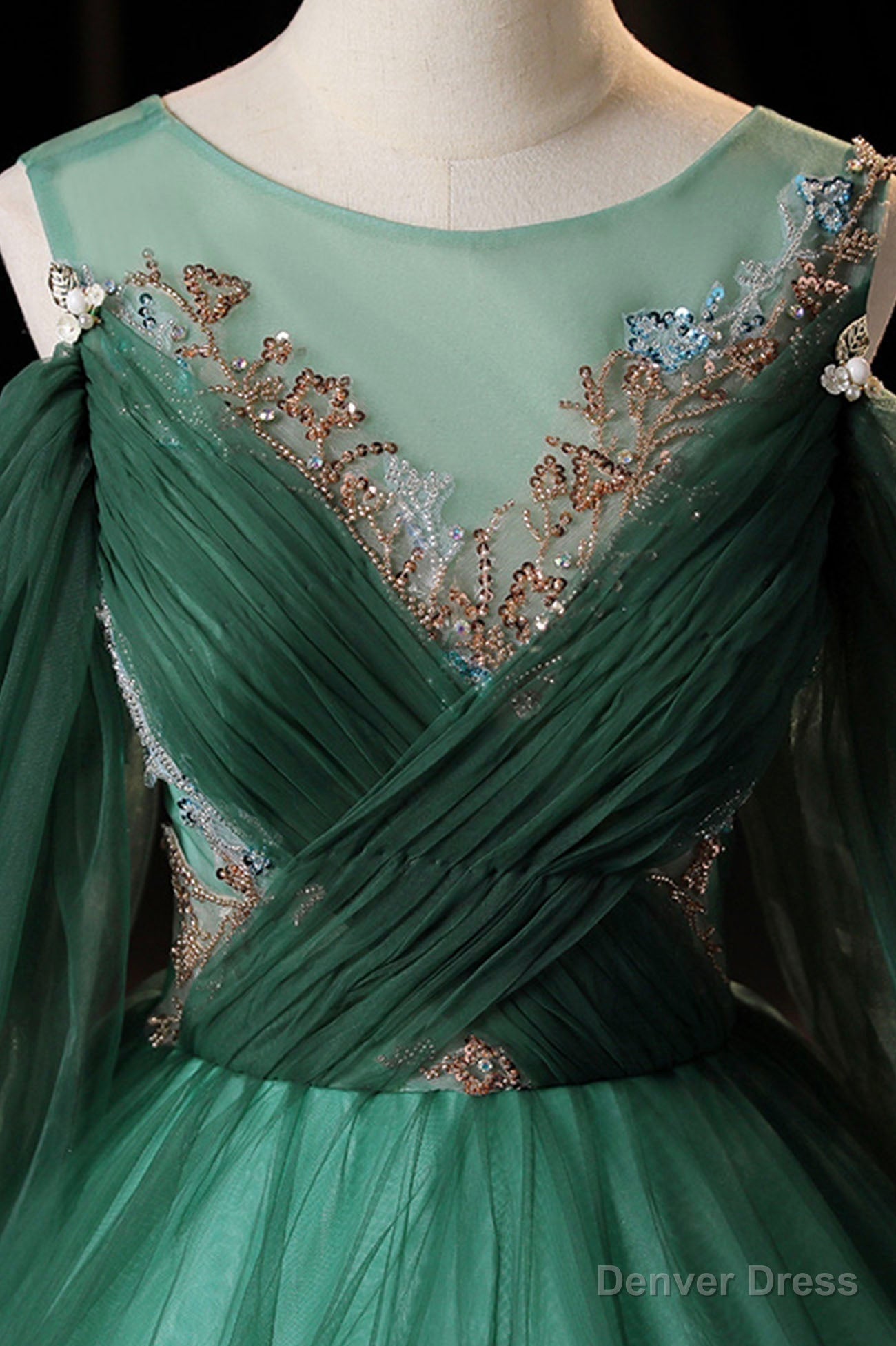 Green Scoop Neckline Tulle Formal Evening Dress, A-Line Long Sleeve Prom Dress Secondary image