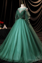 Green Scoop Neckline Tulle Prom Dress, A Line Long Sleeve Prom Dresses