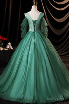 Green Scoop Neckline Tulle Prom Dress, A Line Long Sleeve Prom Dresses