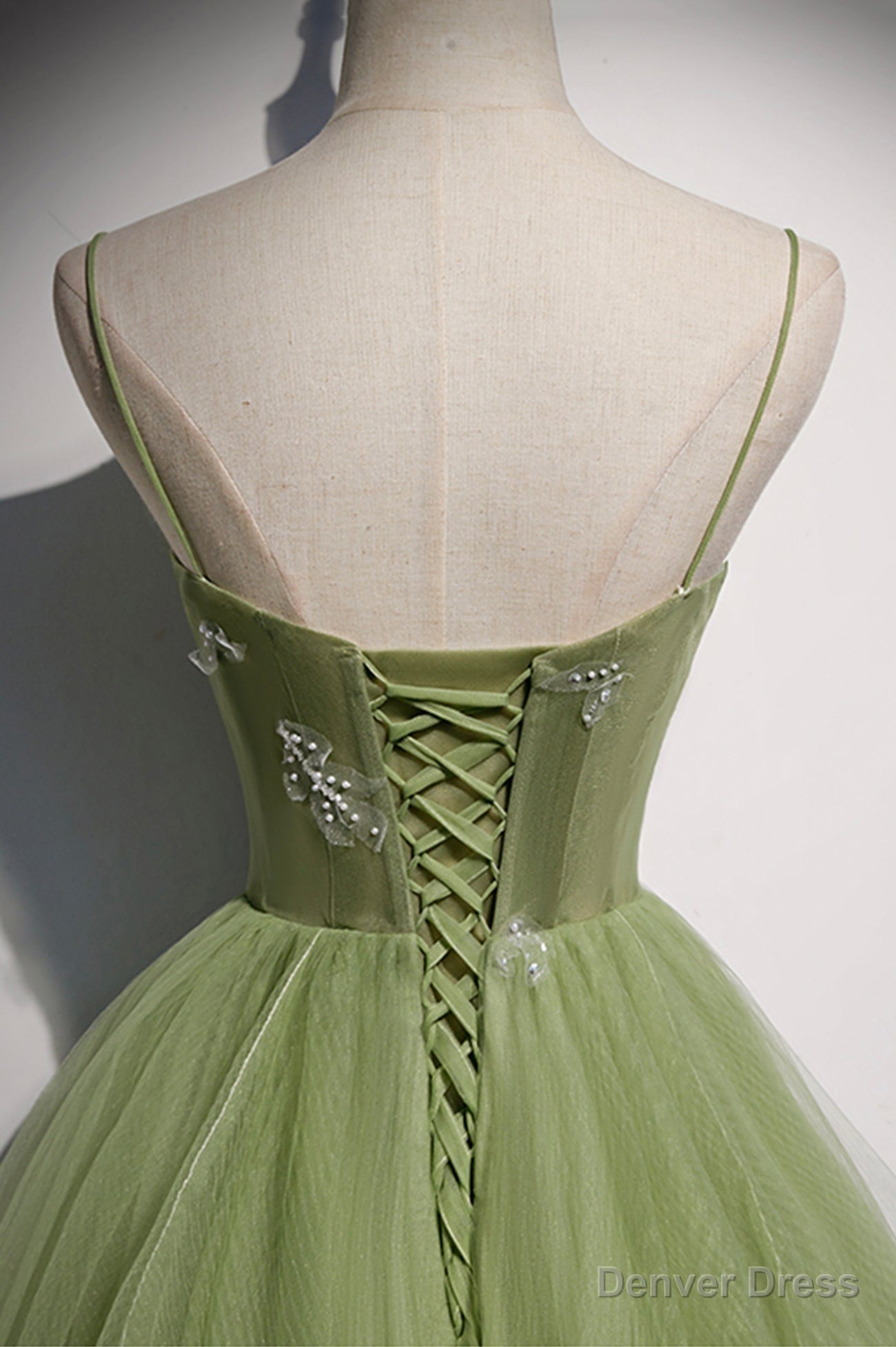 Green Scoop Tulle Floor Length Prom Dress, A Line Green Prom Dresses