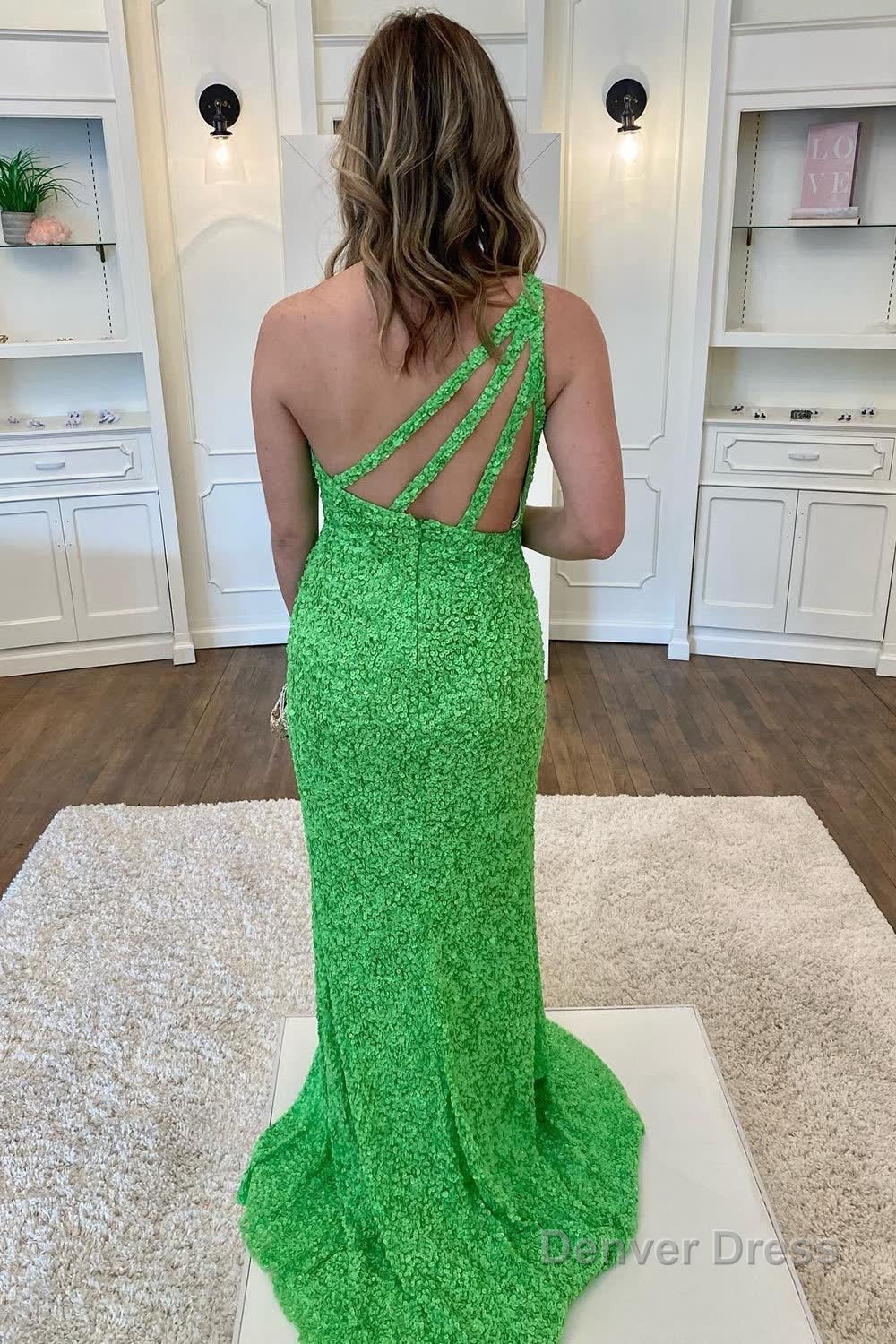 Green Sequin Long Prom Dresses with Slit