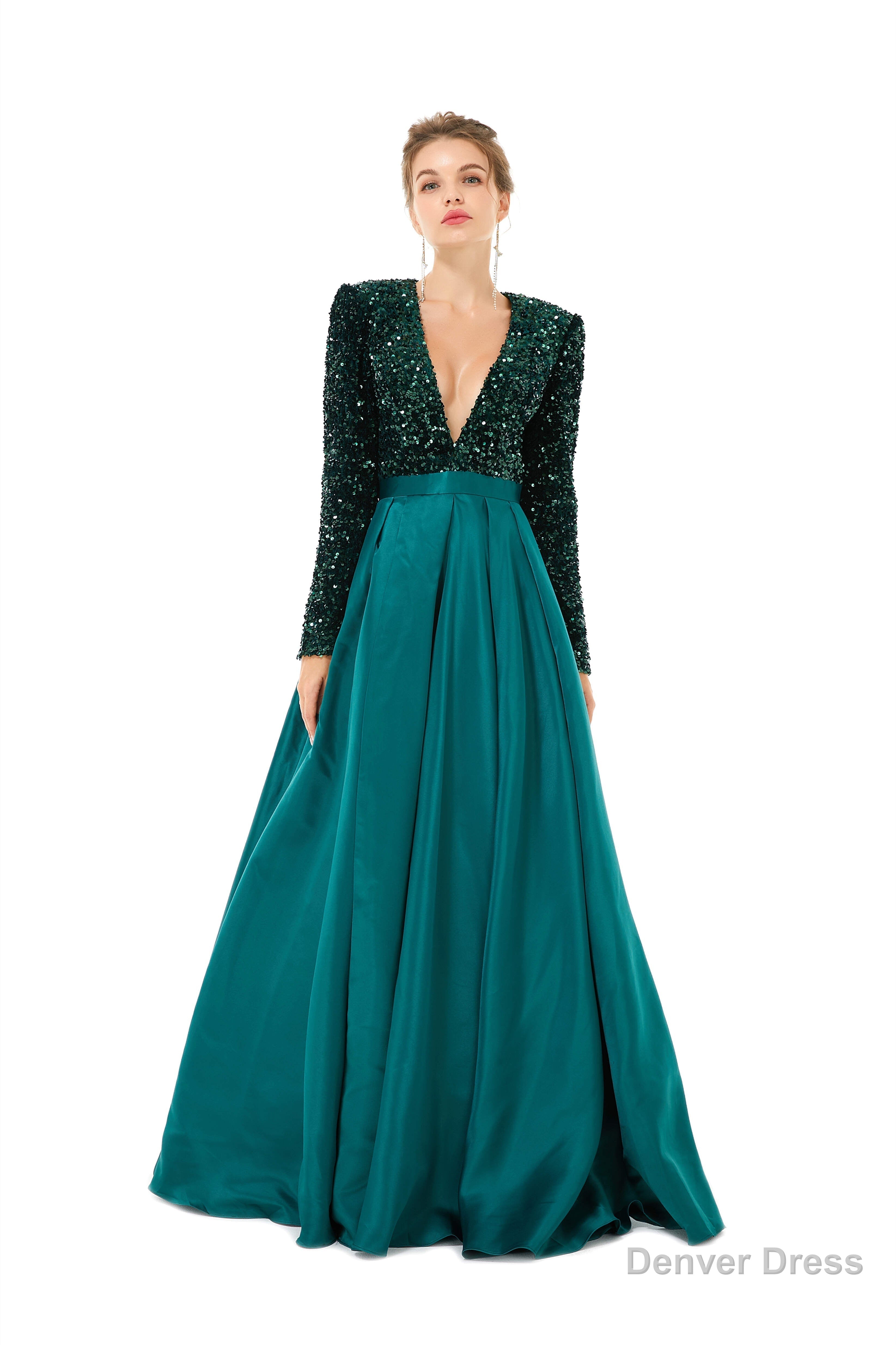 Sequined Satin A Line Front Slit V Neck Full Sleeve Sweep Train Long Prom Dresses