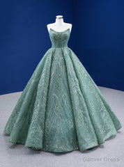 Green Sequins Appliques Strapless Prom Dress