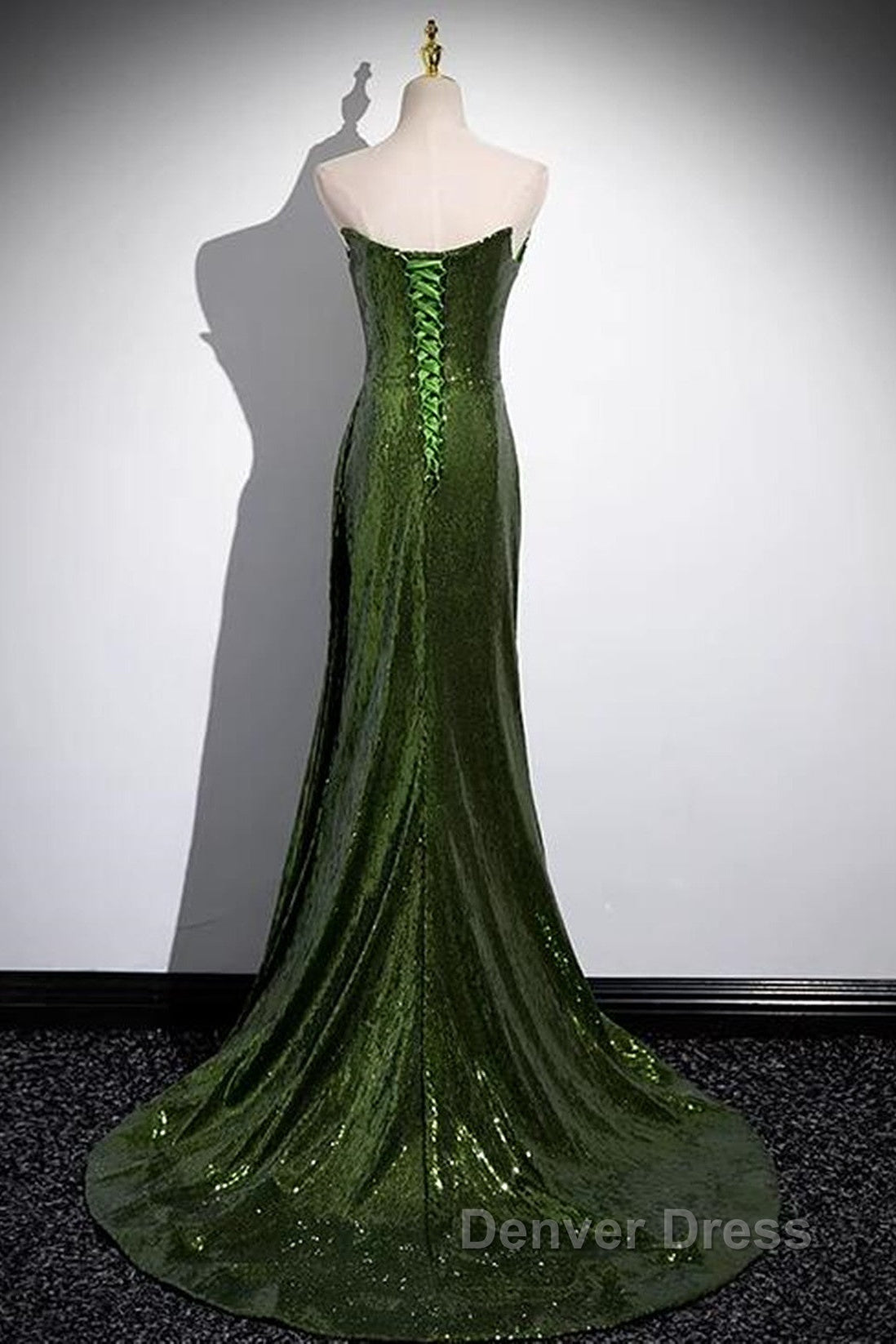 Green Sequins Long Mermaid Prom Dresses, Green Lace-Up Party Dresses With Slit