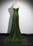 Green Sequins Mermaid Long Prom Dress with Leg Slit, Green Sequins Party Dress