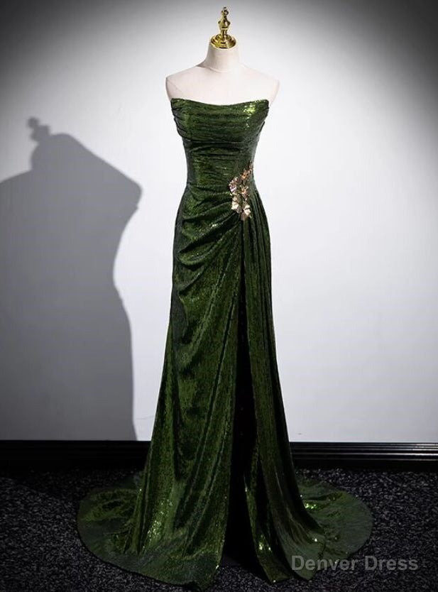 Green Sequins Mermaid Long Prom Dress with Leg Slit, Green Sequins Party Dress Main image