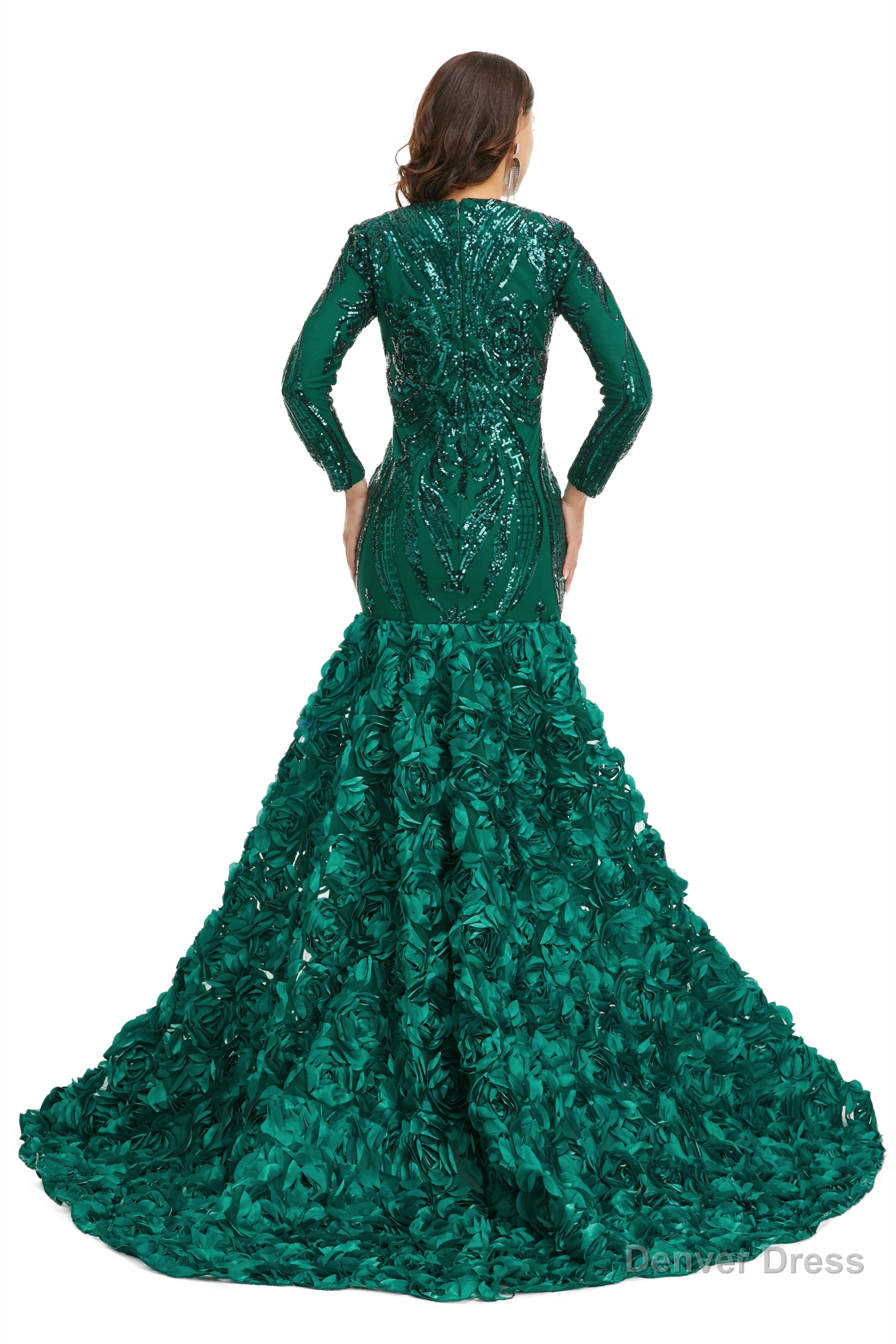 Sequins Mermaid Long V Neck Prom Dresses Full Sleeve