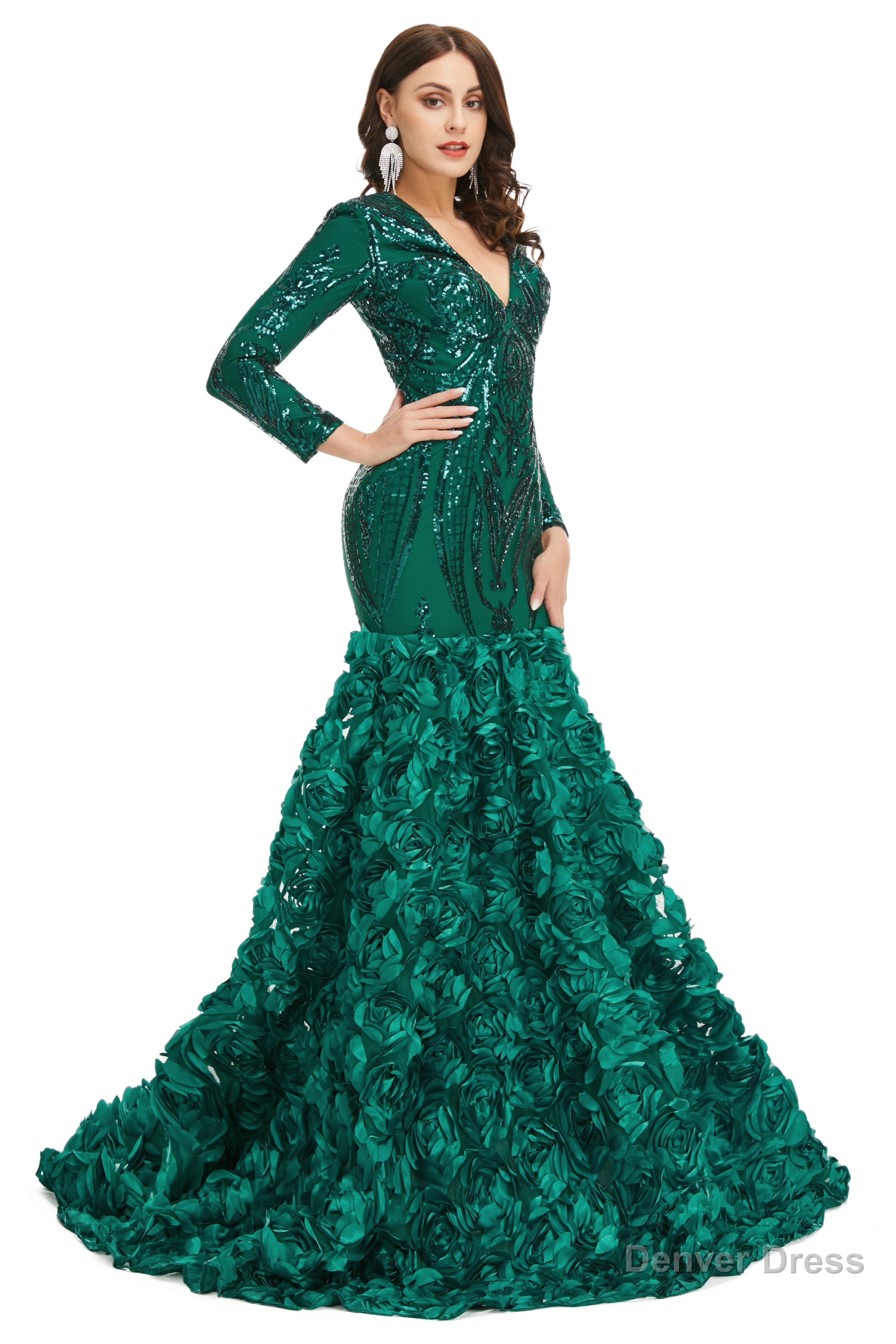 Sequins Mermaid Long V Neck Prom Dresses Full Sleeve