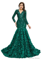 Sequins Mermaid Long V Neck Prom Dresses Full Sleeve
